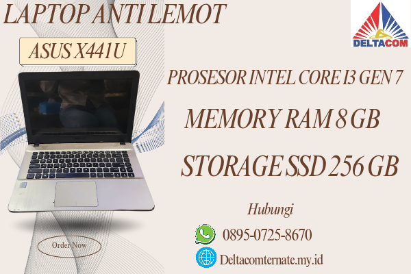 ASUS X441U , TYPE BARU BODY SLIM, PROSESOR INTEL CORE I3 GEN 7 RAM 8 GB STORAGE SSD 256 GB DISPLAY 14 INCH MULUS, WARNAH GOLD, LECET SDIKIT,